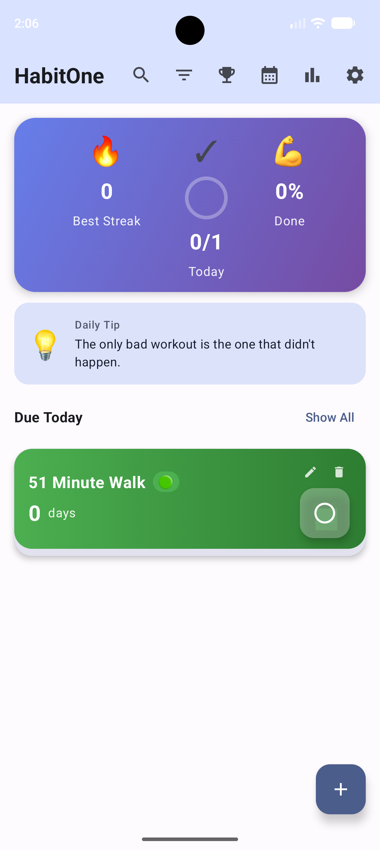 HabitOne app home screen showing daily habits
