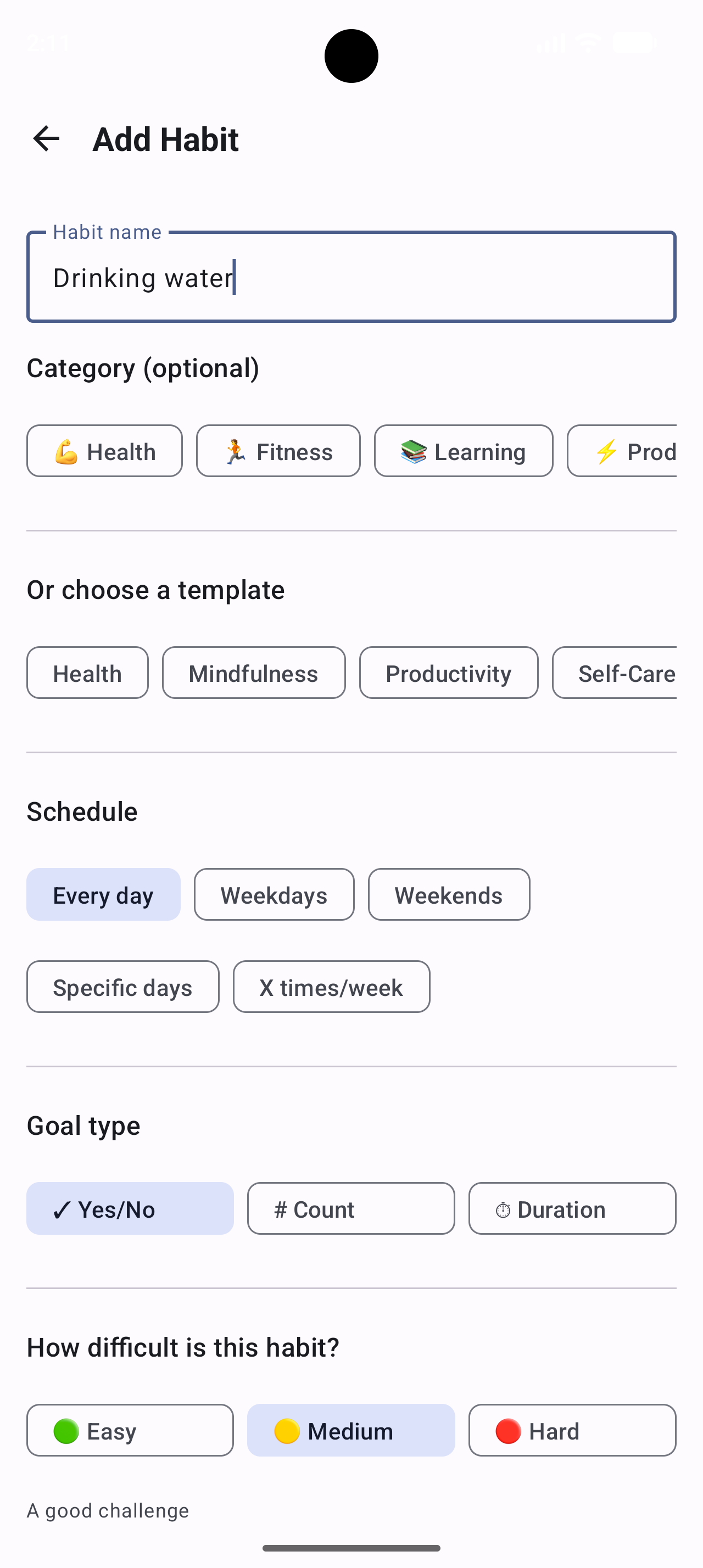 Creating a new habit in HabitOne